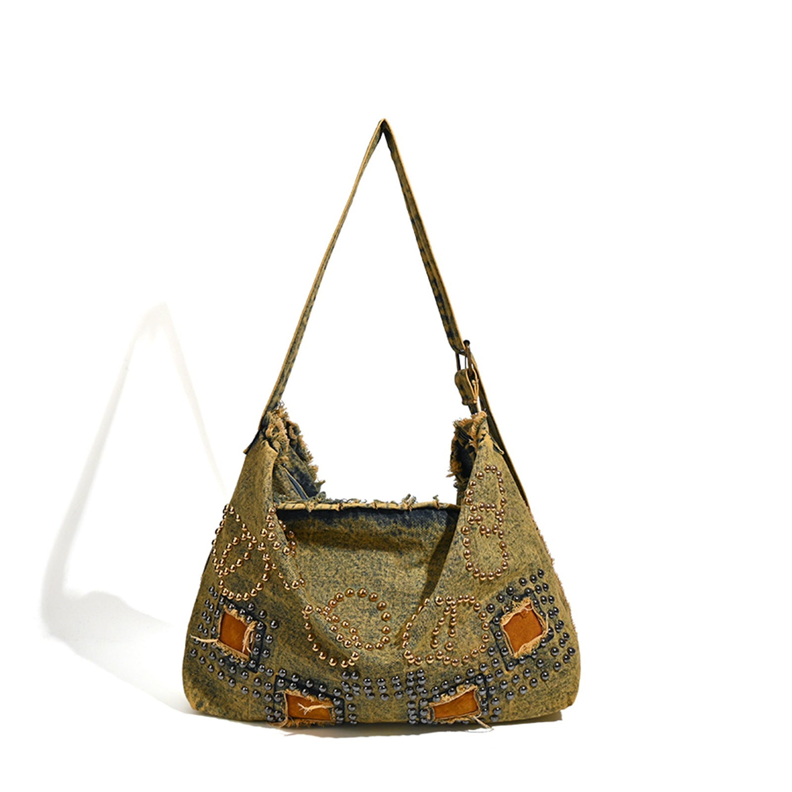 Large capacity hobo shoulder tote bag, retro denim bag, stylish crossbody bag, rivet design shoulder bag - SJB-DIAMOND ELITES