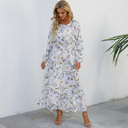 Spring and Autumn floral chiffon dress waist thin long sleeve round neck long printed skirt