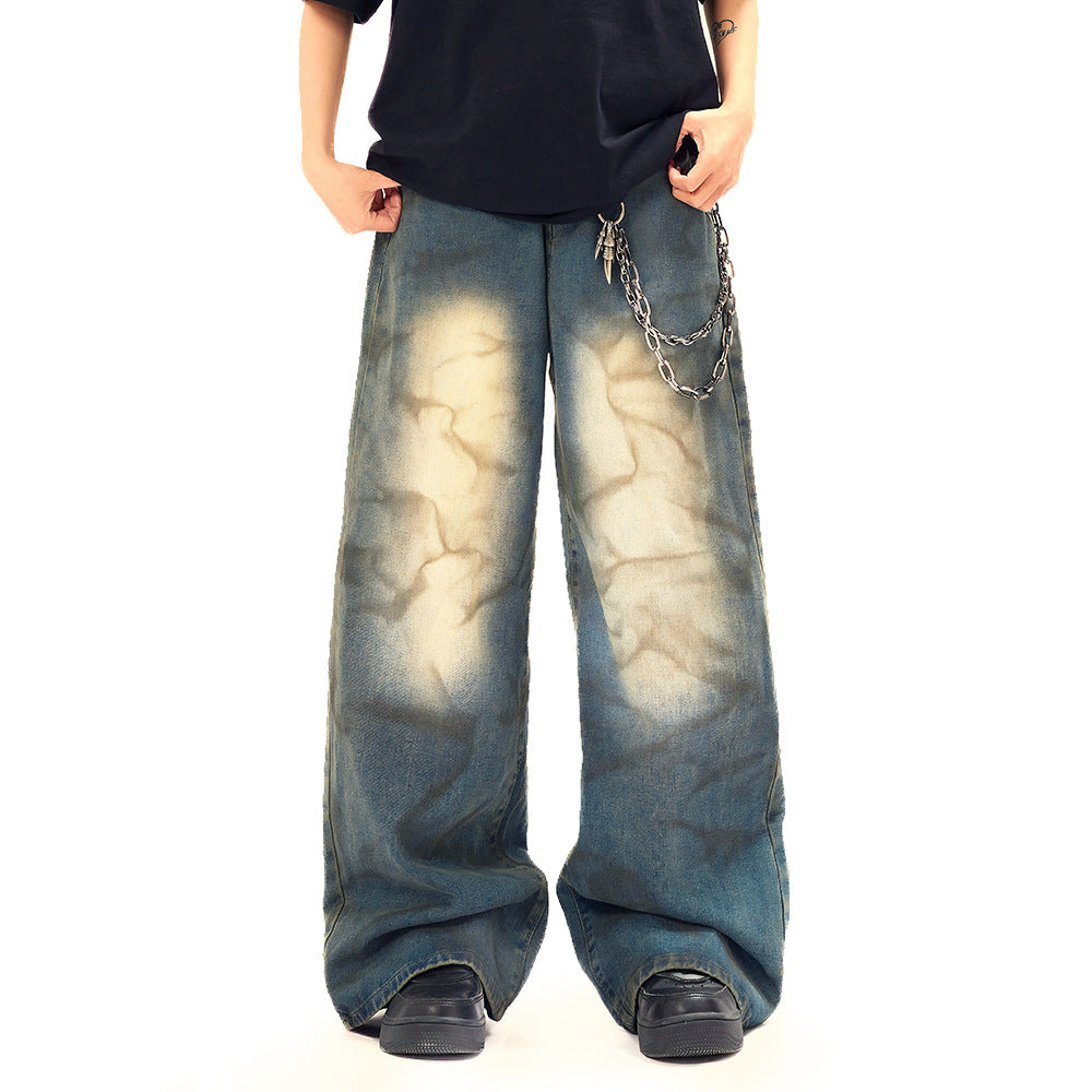 Wide Leg Straight Waste Soil Wind Contrast Color Inkjet Jeans Men Lootquake LLC