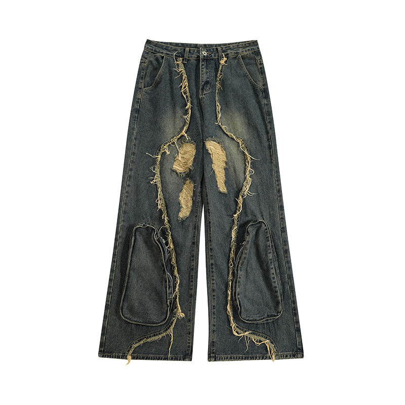 High Street Re-niche Deconstruction Tassel Hole Denim Men's Pants Lootquake LLC