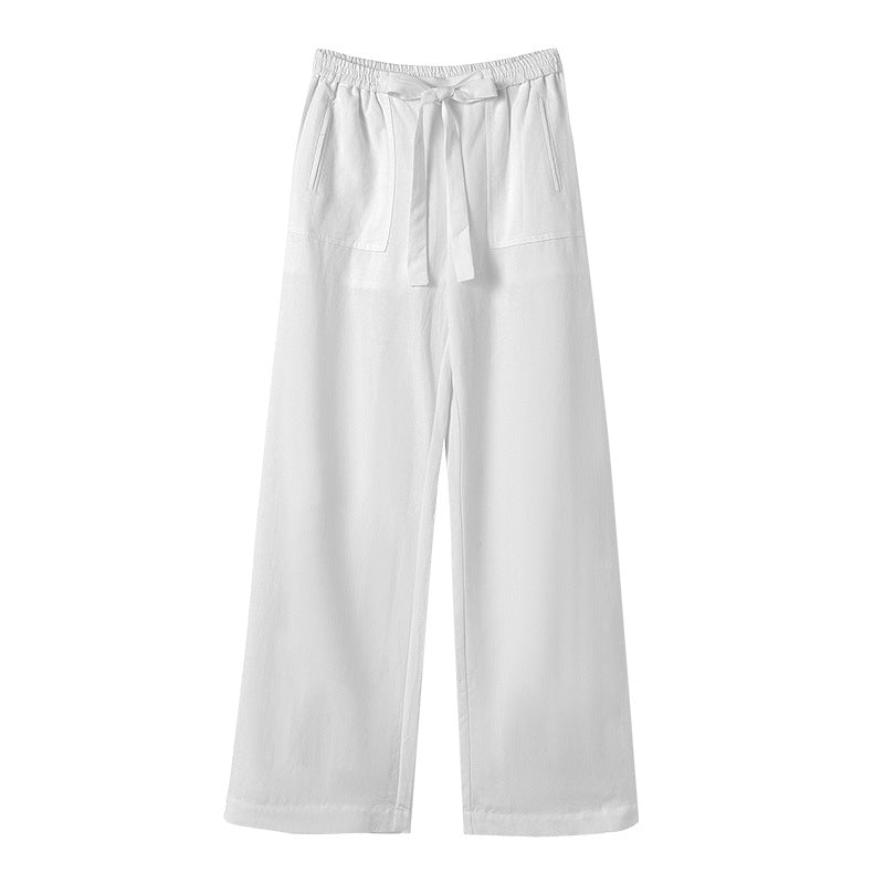 Womens Cotton Linen Pants Wide Leg High Waisted Drawstring Summer Beach Pants with Pockets - SJB-DIAMOND ELITES