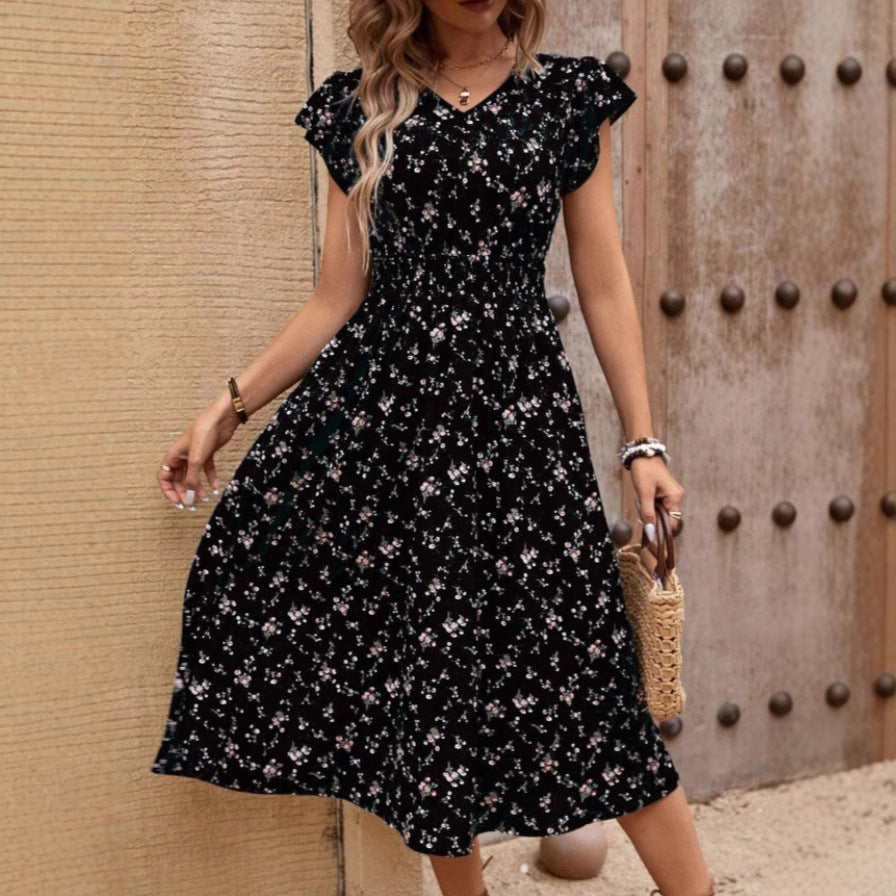 Fashion Elegant Women's V-neck Belted Ruffle Sleeve Print Dress Lootquake LLC