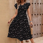 Fashion Elegant Women's V-neck Belted Ruffle Sleeve Print Dress Lootquake LLC