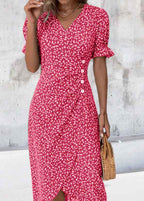 Slim-fit Women's Geometric Collage Bubble Sleeves Irregular hem Dress Sub Female Split Dress Summer Floral dress