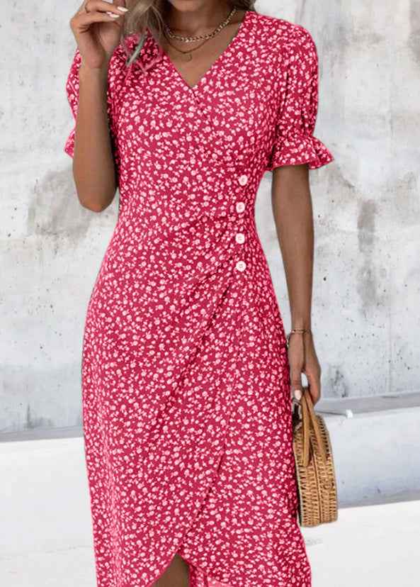 Slim-fit Women's Geometric Collage Bubble Sleeves Irregular hem Dress Sub Female Split Dress Summer Floral dress