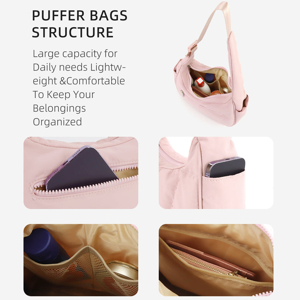 Nylon bag large capacity women's armpit bag, down bag versatile shoulder bag, solid color silk cotton handbag, puffer bag hobo - SJB-DIAMOND ELITES