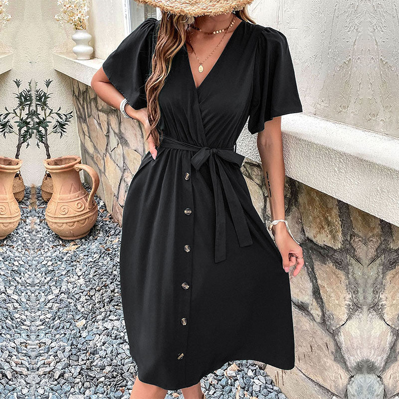 Commuters' Best Selling Bell Sleeve Waist Tie Dress Lootquake LLC