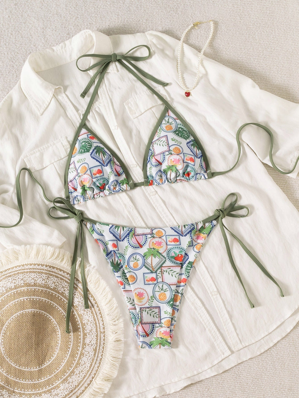 Hemming contrasting print strap sexy bikini split swimsuit Batwing Short Sleeve Shirt W Plants Print