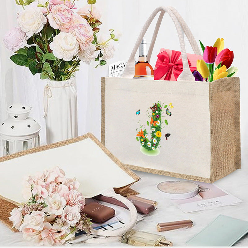 Cotton and linen canvas tote bag, printed letter tote bag, portable light handbag, gift shopping bag - SJB-DIAMOND ELITES