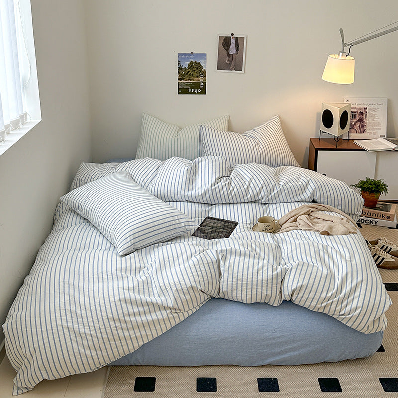 Cotton Yarn-dyed Washed Cotton Four-piece Set Full-cotton Fitted Sheet Non-printed Minimalist Bed Sheet Duvet Cover Pi-Mart
