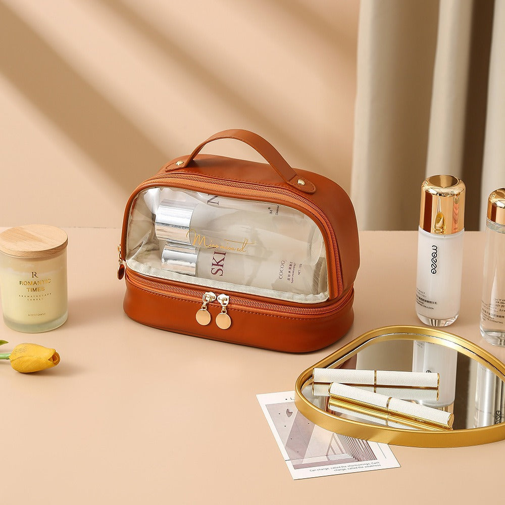 Transparent double layers cosmetic bag, travel large-capacity portable storage bag, PVC waterproof handbag cosmetic toilet bag, transparent makeup purse,Makeup bag with compartments, - SJB-DIAMOND ELITES