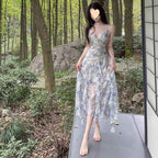 Floral Print High Waist Fairy Dress with Lotus Edge Ruffles