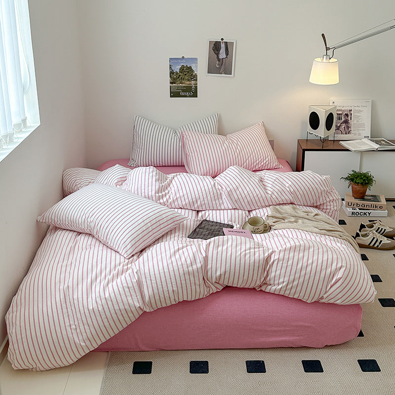 Cotton Yarn-dyed Washed Cotton Four-piece Set Full-cotton Fitted Sheet Non-printed Minimalist Bed Sheet Duvet Cover Pi-Mart