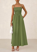 Women's Dress, Thin Shoulder Strap Pleated Vest, Suspender Pocket Dress