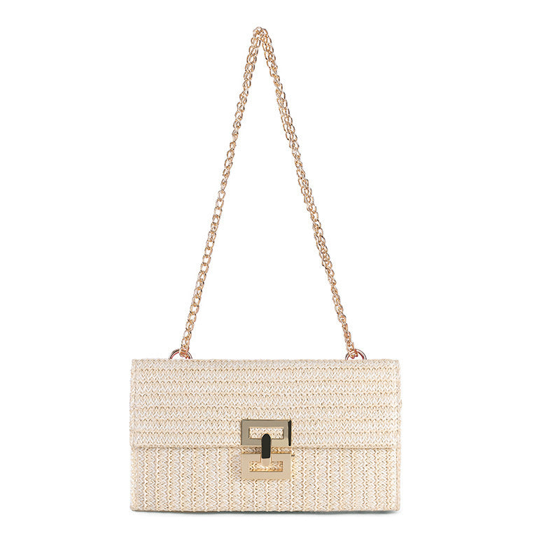 Bag ladies holiday shoulder bag, chain flip lock square purse, straw bag hobo shoulder bag women