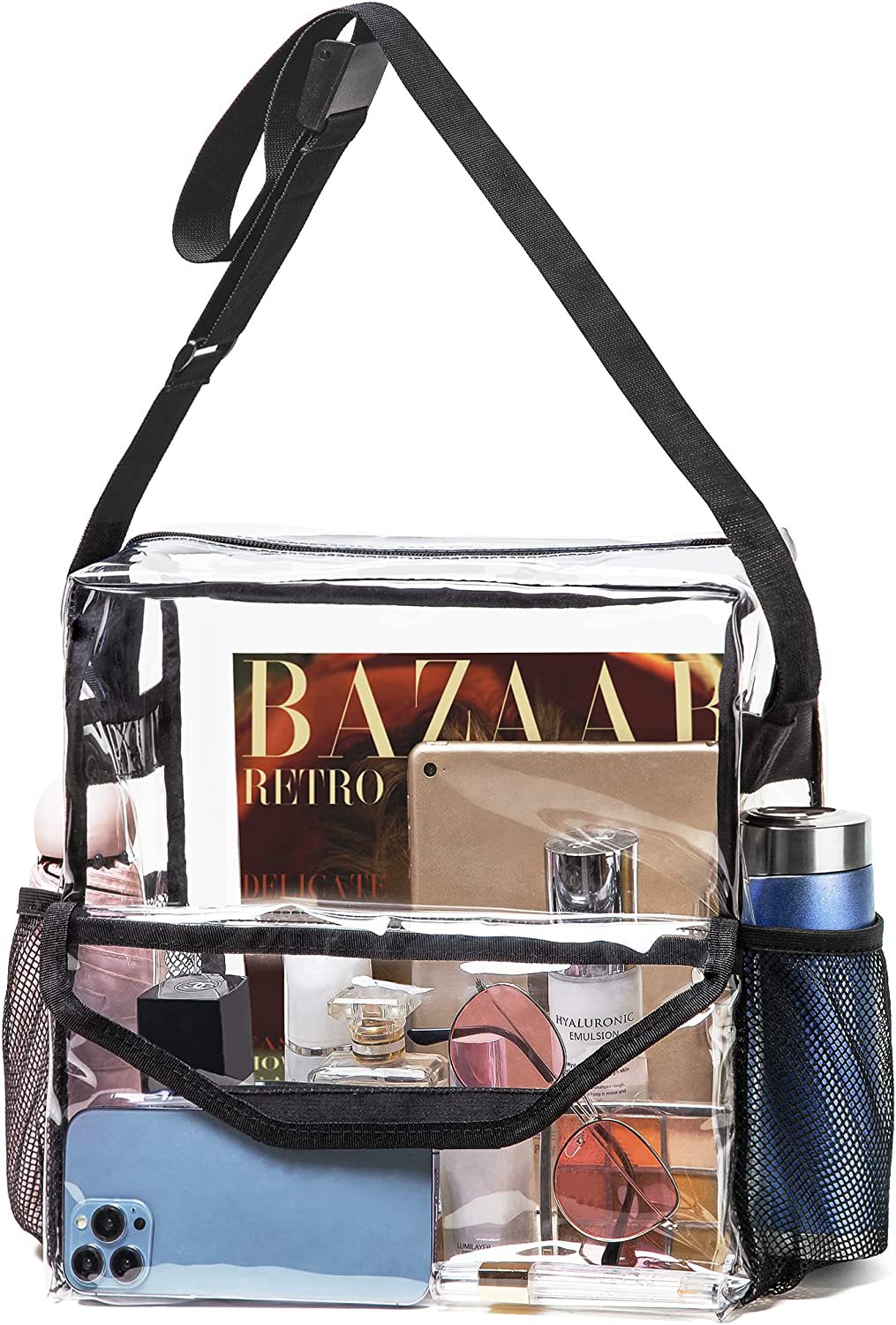 PVC transparent messenger bag, adjustable for travel sports events music venue, transparent shoulder bag large with compartments hobo - SJB-DIAMOND ELITES