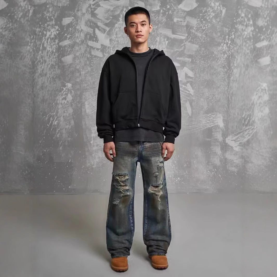 Loose Straight Slim-fit Waste Soil Blue With Holes Jeans Lootquake LLC