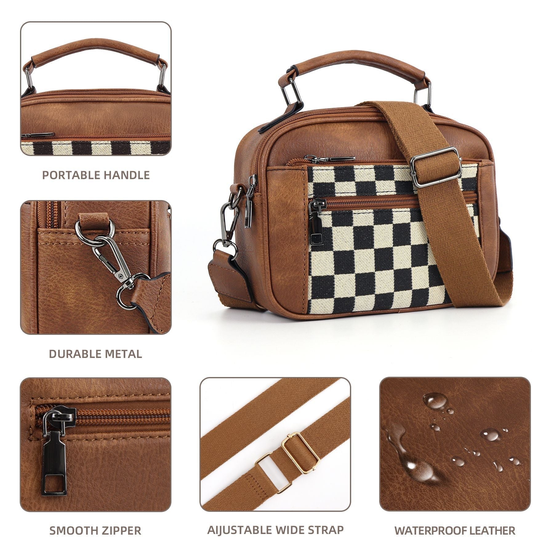 Chessboard double zipper small crossbody bag,Tote small crossbodyPU square bag, Small Crossbody Purse for Women Triple Zip, - SJB-DIAMOND ELITES
