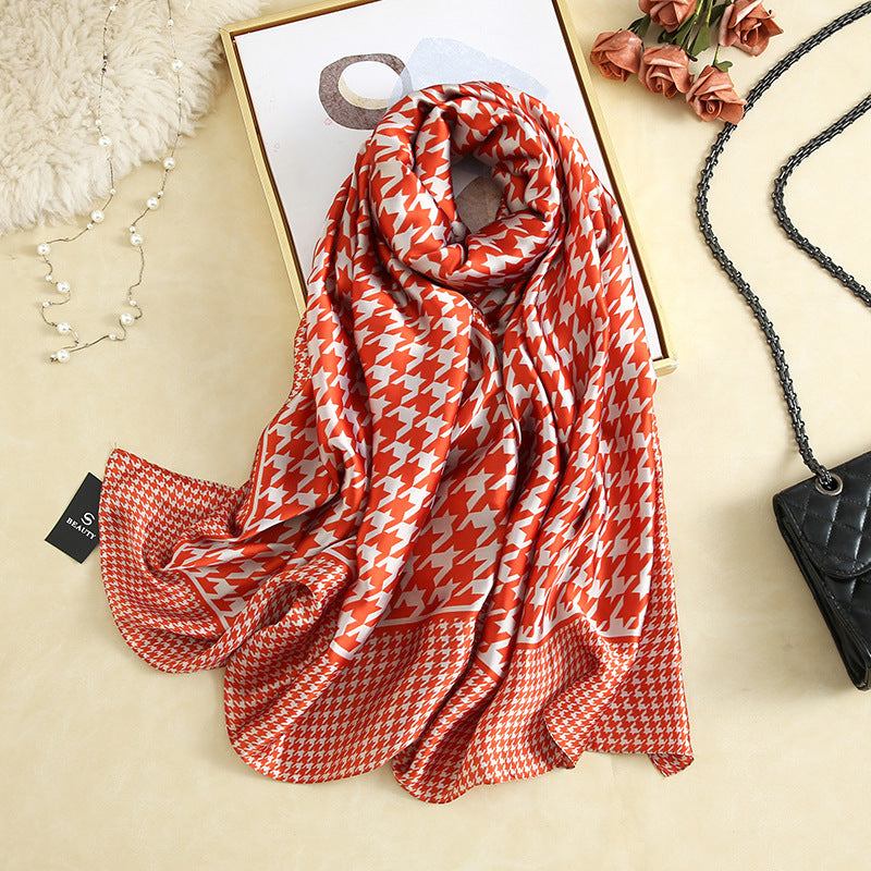 Vegan Silk scarf female classic wild houndstooth print long scarf holiday literary beach towel shawl SHOMICOBOUTIQUE