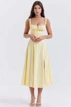 Sleeveless Strapless Bandage Corset Dress - Floral Print Long Midi Dress with Lace Up Back & Thigh Slit