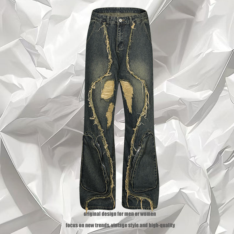 High Street Re-niche Deconstruction Tassel Hole Denim Men's Pants Lootquake LLC