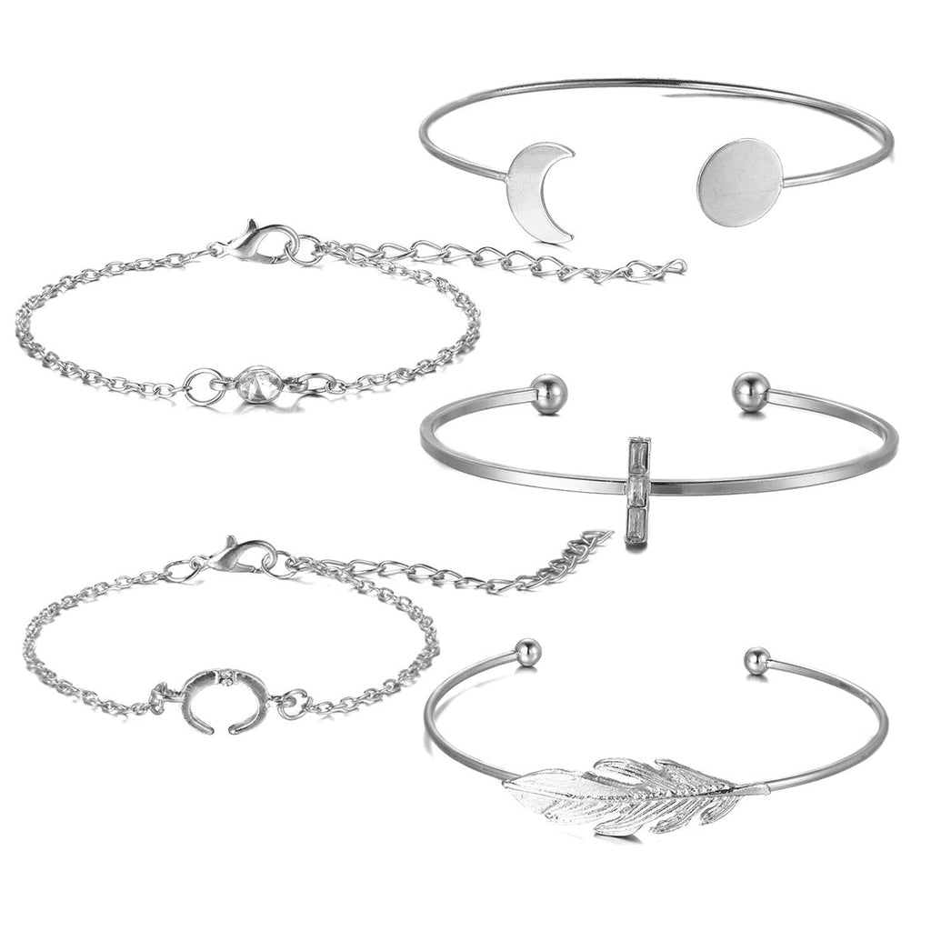 Rhinestone-encrusted Personality Feather Bracelet Round Open-ended Bracelet