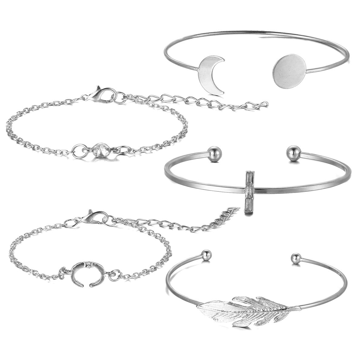 Rhinestone-encrusted Personality Feather Bracelet Round Open-ended Bracelet