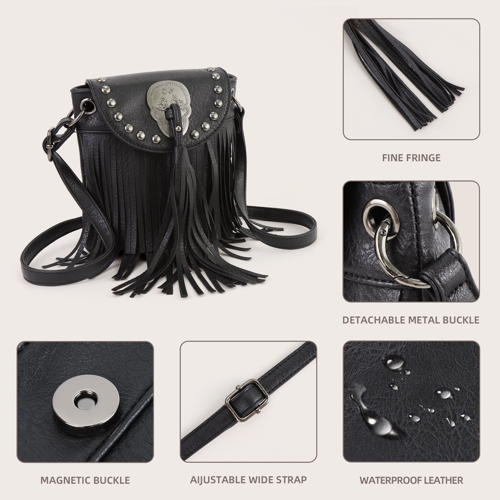 Stylish Soft Pu Rivets Small Crossbody Tassel Bag, Skull Shoulder Crossbody Bag - SJB-DIAMOND ELITES