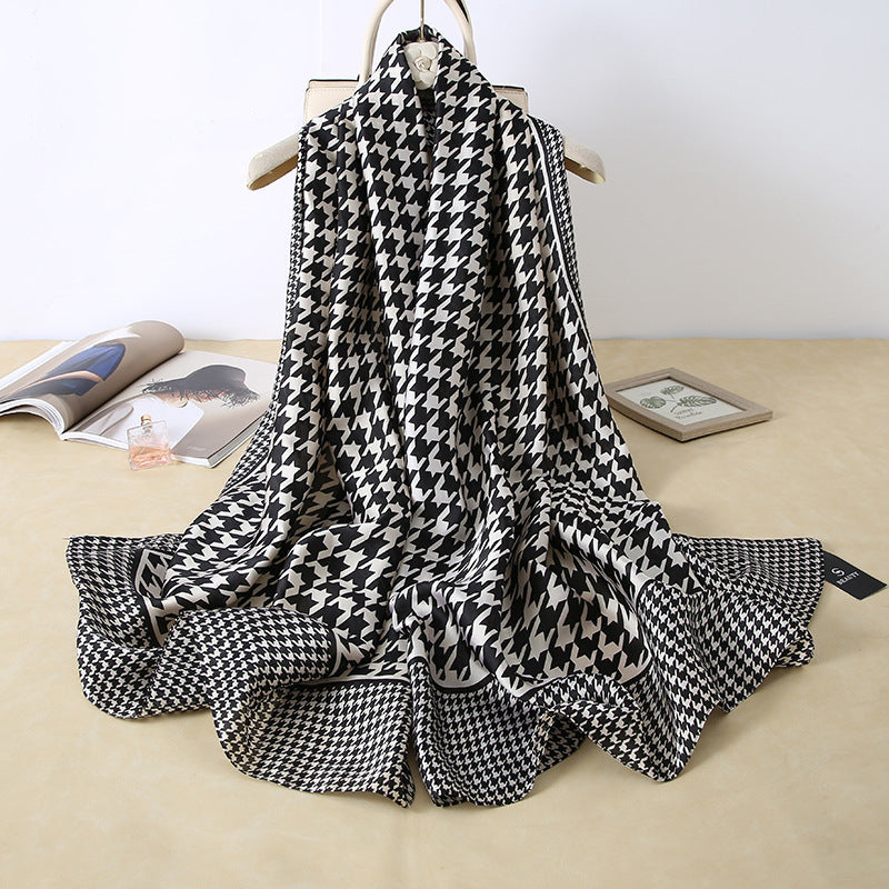 Vegan Silk scarf female classic wild houndstooth print long scarf holiday literary beach towel shawl SHOMICOBOUTIQUE