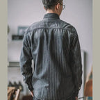 Vintage Vertical Stripes Denim Shirt Workwear Washed Old Long Sleeve Men
