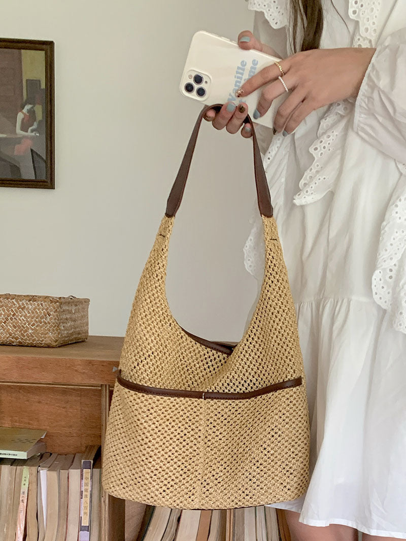 straw bag, commuter hobo bag, summer woven hobo bag for women, straw shoulder purse, beach crochet bag lightweight - SJB-DIAMOND ELITES