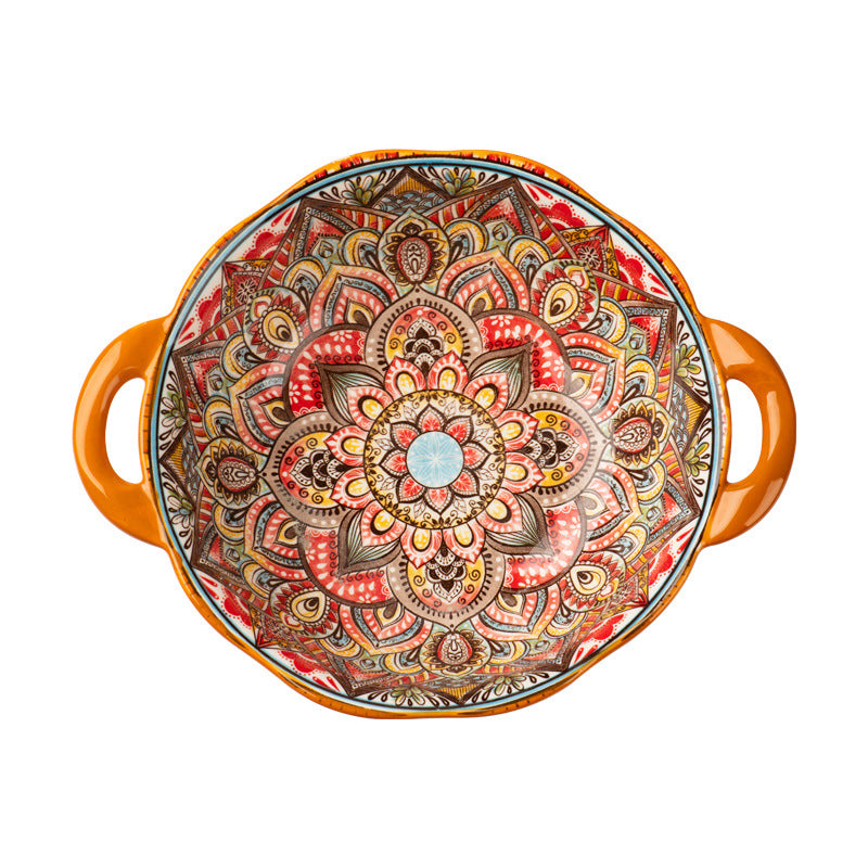 Yellow Green Wave Tree Pattern Flower Hand Painted Underglaze Binaural Ceramic Not Hot Hand Noodle Bowl Pi-Mart