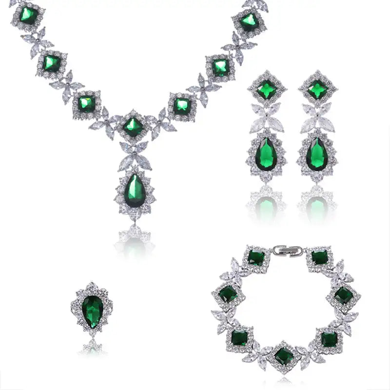 European And American Luxury Zircon Necklace Earring Bracelet Ring Suit