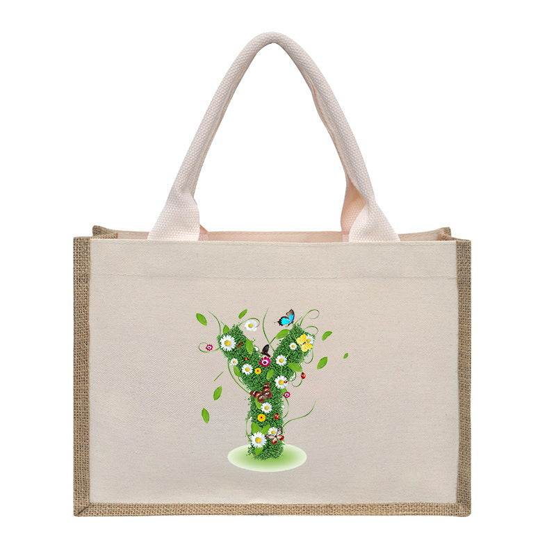 Cotton and linen canvas tote bag, printed letter tote bag, portable light handbag, gift shopping bag - SJB-DIAMOND ELITES