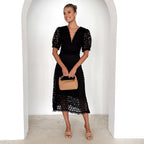 Dress skirt V-neck sexy waist solid color lace hollow dress