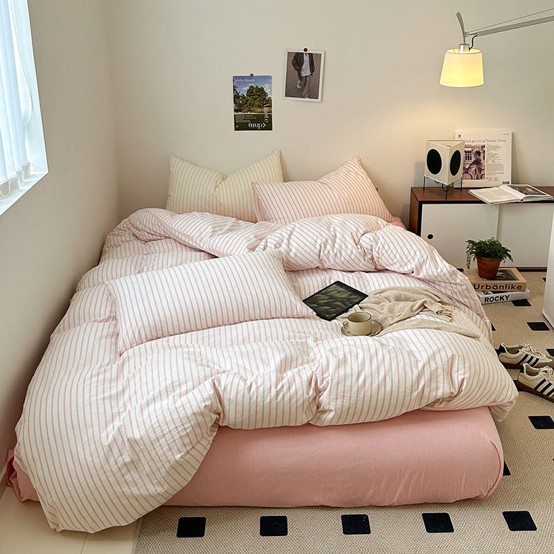 Cotton Yarn-dyed Washed Cotton Four-piece Set Full-cotton Fitted Sheet Non-printed Minimalist Bed Sheet Duvet Cover Pi-Mart
