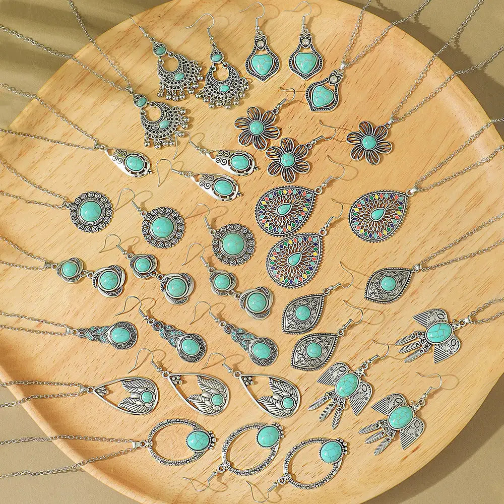 Fashion Turquoise Long Pendant Ear Rings Suit