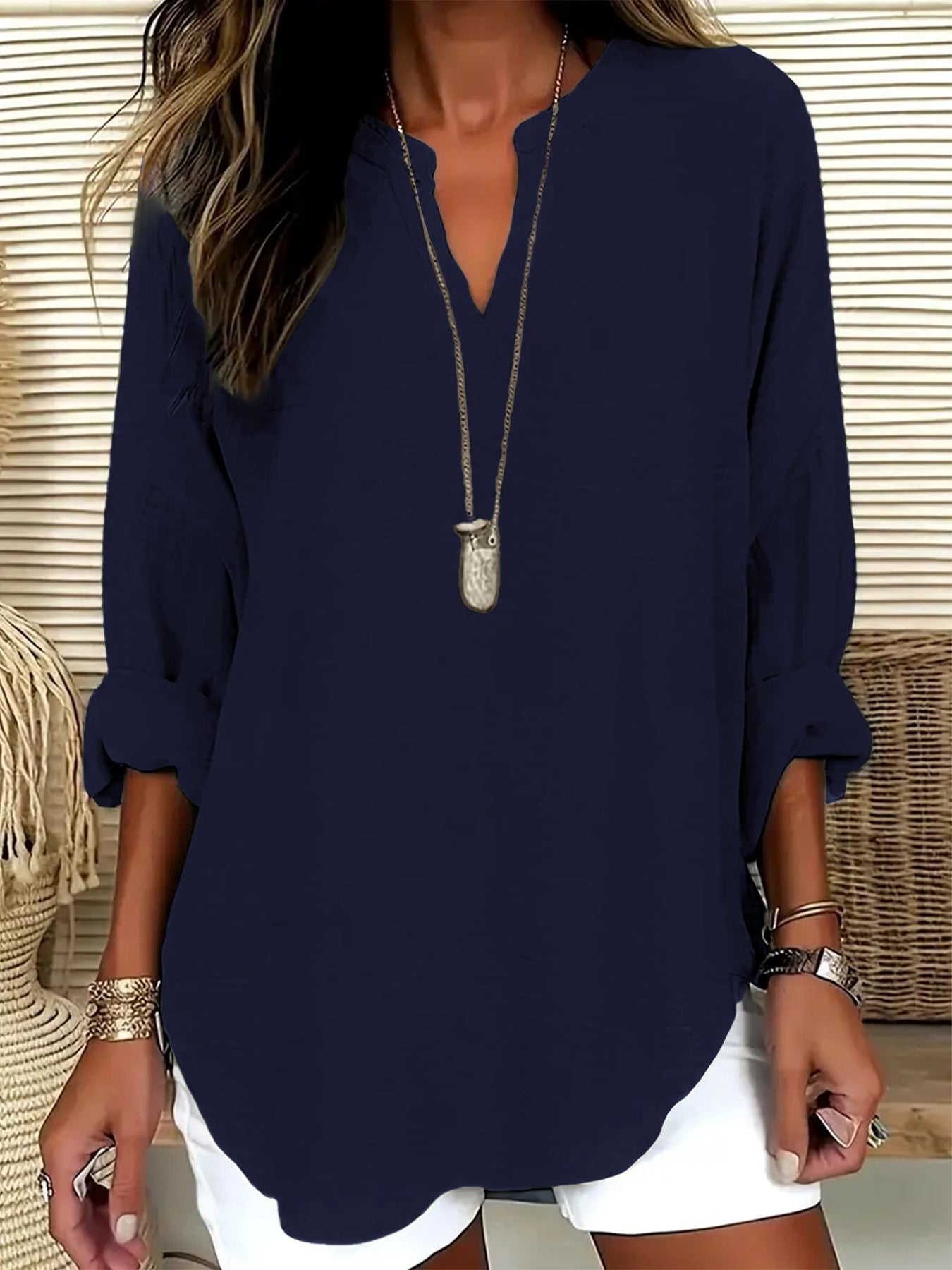 Women's V-neck Drop-shoulder Long-sleeve T-shirt Lootquake LLC