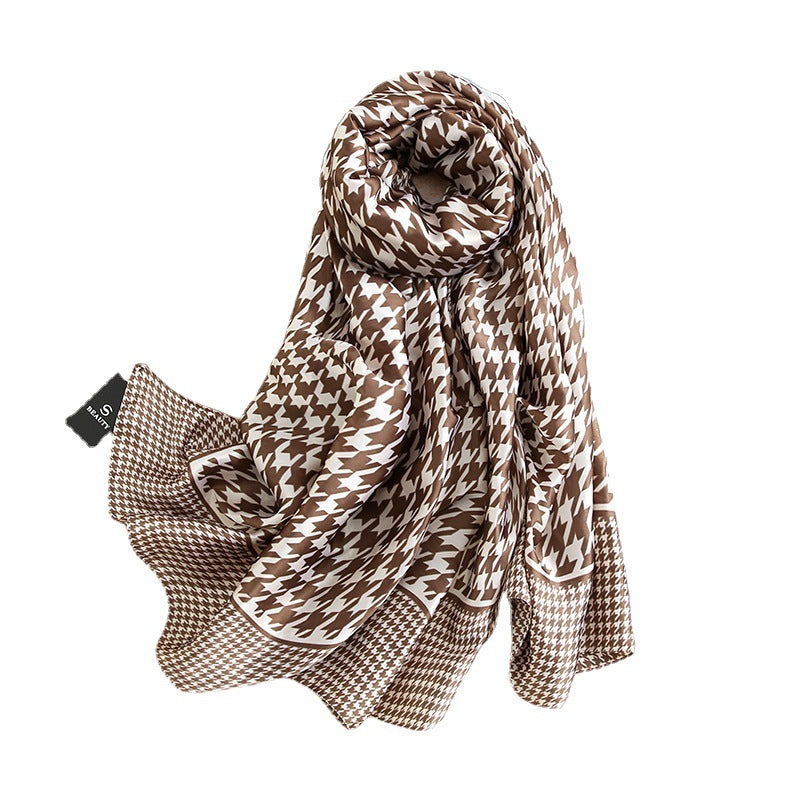 Vegan Silk scarf female classic wild houndstooth print long scarf holiday literary beach towel shawl SHOMICOBOUTIQUE
