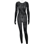 Sexy perspective summer perspective onesie fashion seamless striped jacquard one-piece long-sleeved one-piece trousers