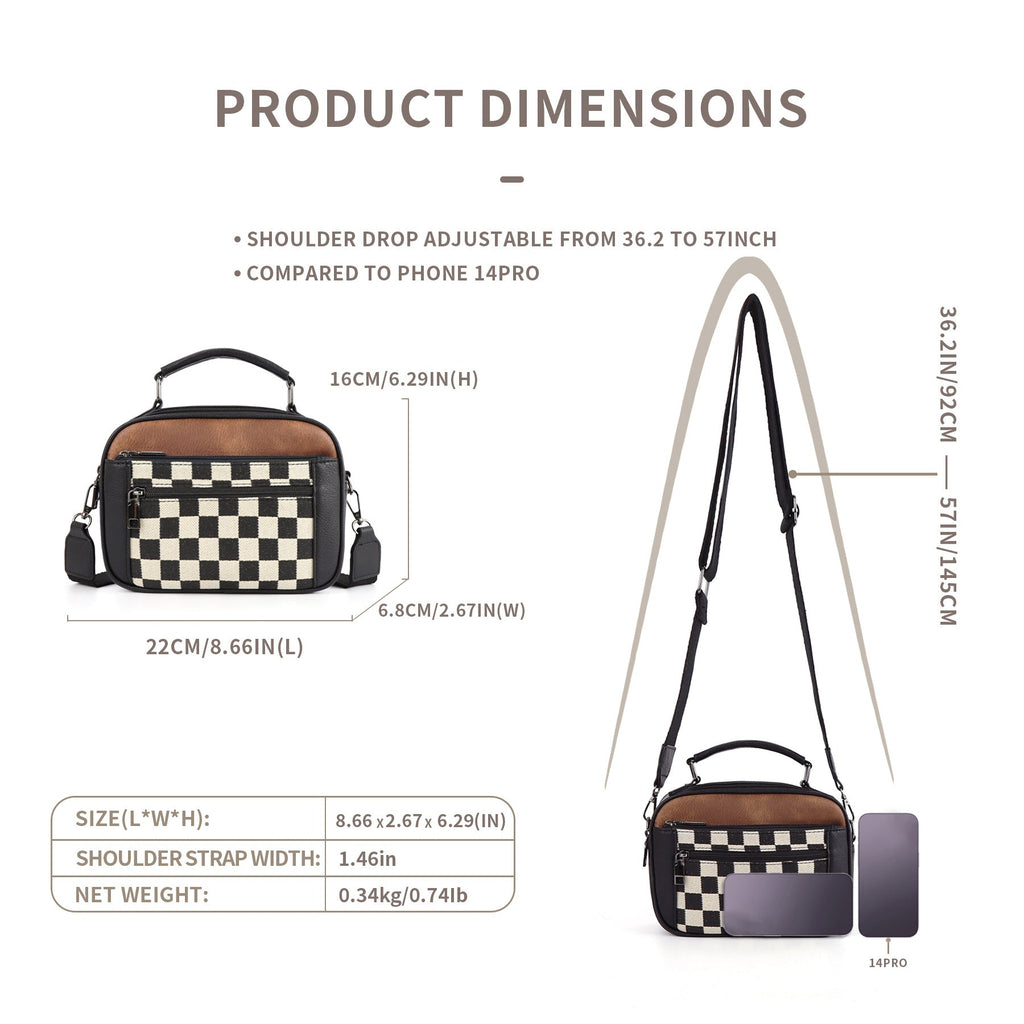 Chessboard double zipper small crossbody bag,Tote small crossbodyPU square bag, Small Crossbody Purse for Women Triple Zip, - SJB-DIAMOND ELITES