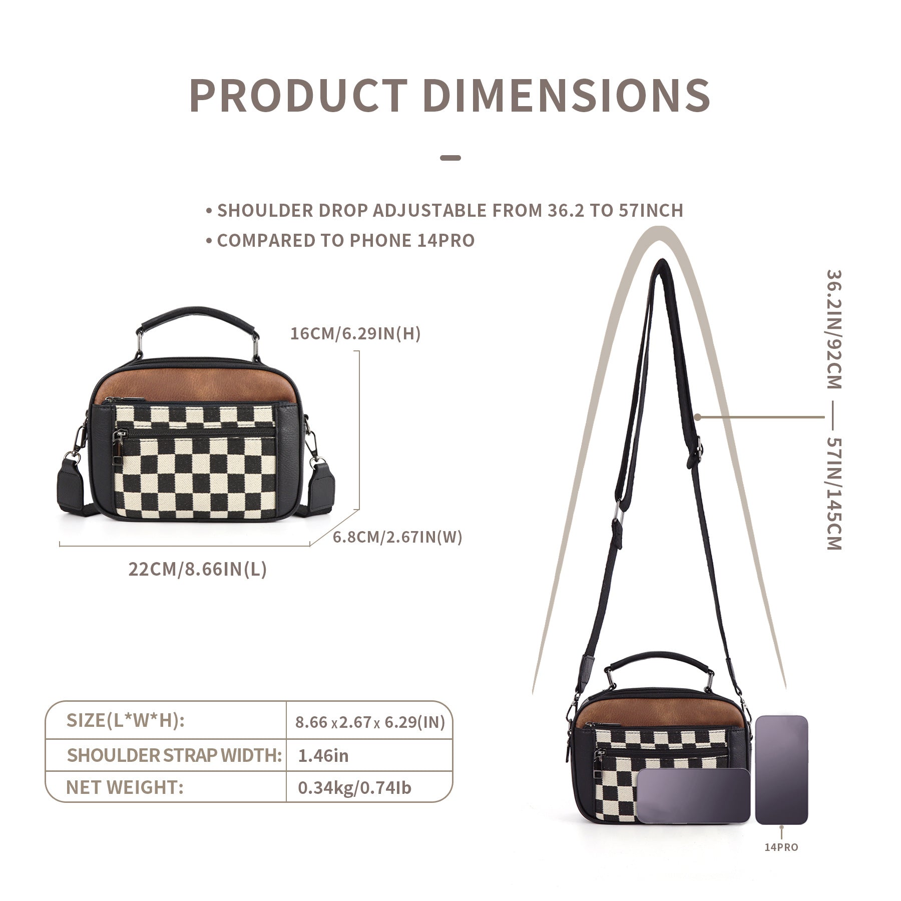 Chessboard double zipper small crossbody bag,Tote small crossbodyPU square bag, Small Crossbody Purse for Women Triple Zip, - SJB-DIAMOND ELITES