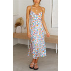 Floral Deep V Suspender Split Dress - Women's Spaghetti Strap Summer Dress