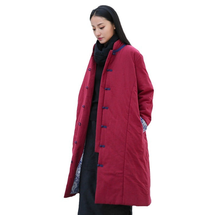Retro Women's Artistic Cotton And Linen Clothing Buckle Cotton-padded Jacket Pi-Mart