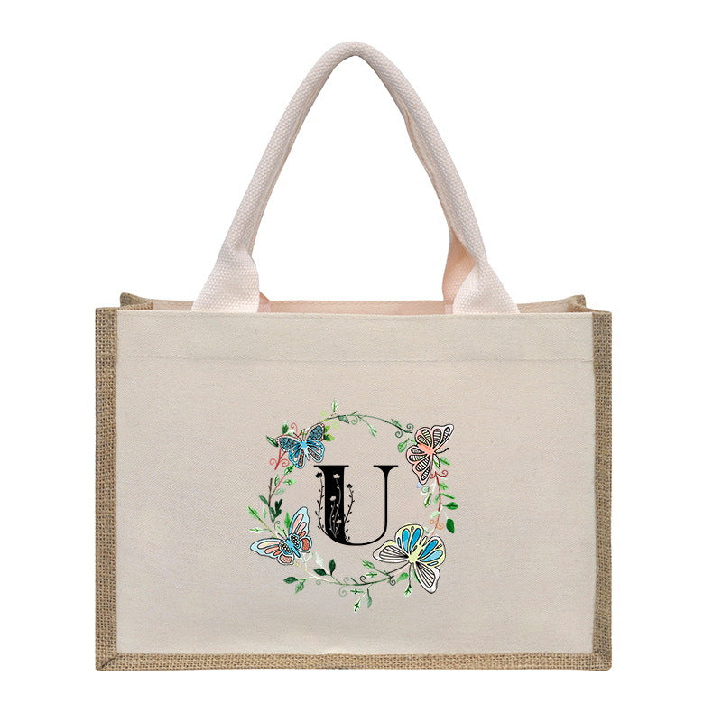Cotton and linen canvas tote bag, printed letter tote bag, portable light handbag, gift shopping bag - SJB-DIAMOND ELITES