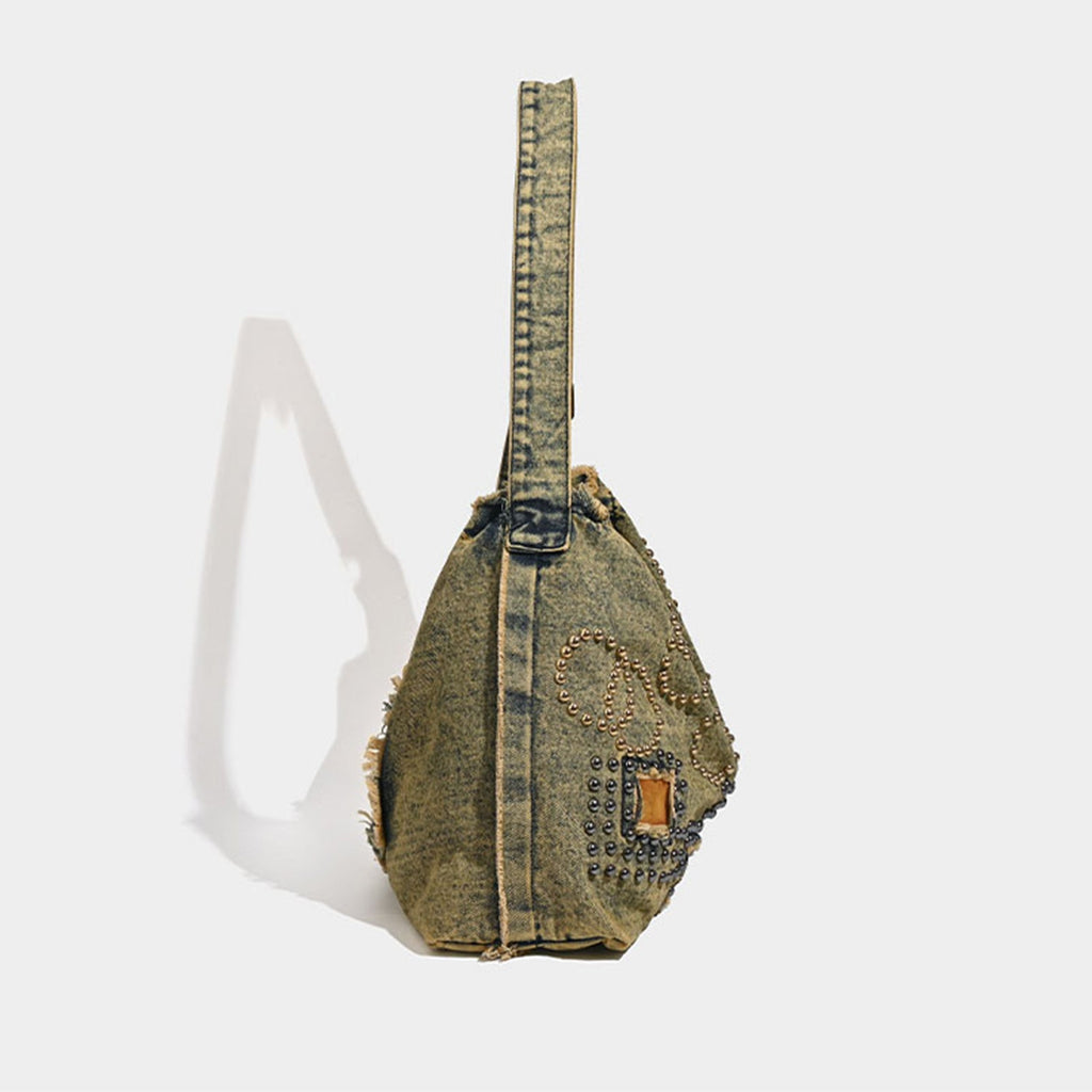 Large capacity hobo shoulder tote bag, retro denim bag, stylish crossbody bag, rivet design shoulder bag - SJB-DIAMOND ELITES