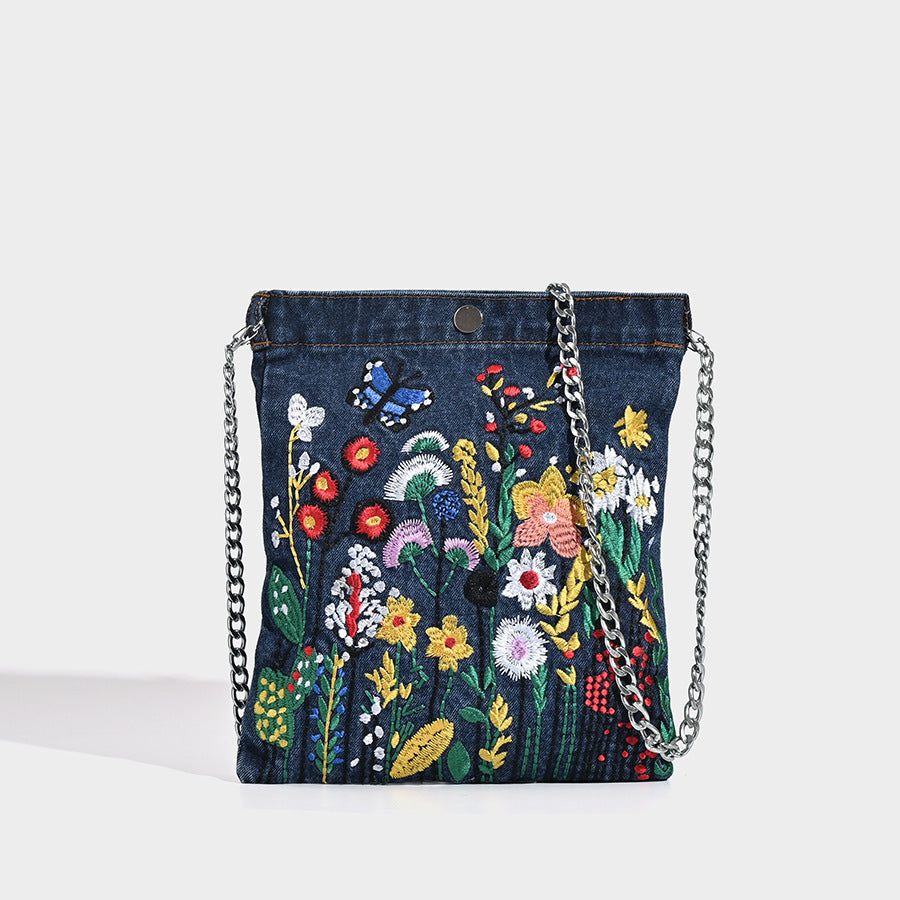 Mini embroidered denim bag, Street stylish student flower three-dimensional shoulder bag, design underarm bag - SJB-DIAMOND ELITES
