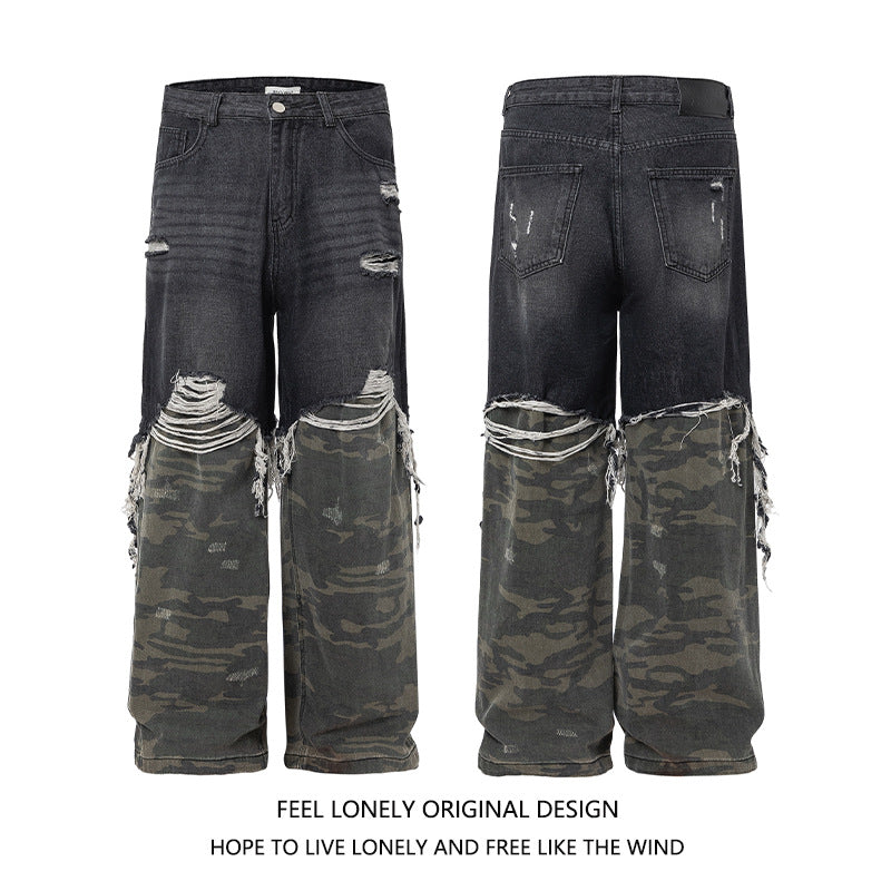 Men's American High Street Stitched Camouflage Wide Leg Jeans Lootquake LLC