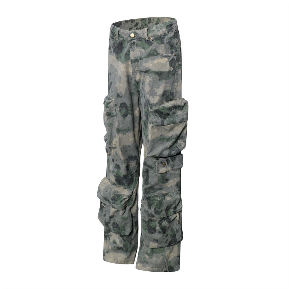 Dimensional Patch Pocket Wide Leg Tie-dye Camouflage Large Pocket Overalls Men Lootquake LLC