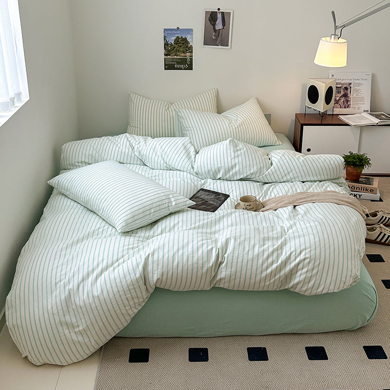 Cotton Yarn-dyed Washed Cotton Four-piece Set Full-cotton Fitted Sheet Non-printed Minimalist Bed Sheet Duvet Cover Pi-Mart